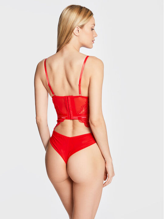 Guess Lingerie Spaghetti Strap Bodysuit with Lace Slim Fit Red