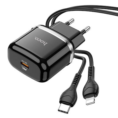 Hoco Зарядно с USB-C порт и кабел USB-C - Lightning Доставка на енергия Черно (N24)