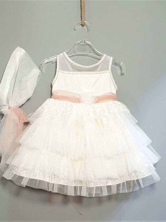 Carousel White Baptism Clothing Set with Hair Accessories , Cardigan & Dress made of Tulle 3pcs