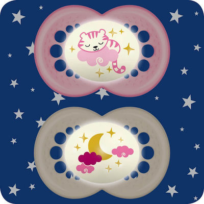 Mam Orthodontic Pacifiers Silicone Night Kitten - Moon Pink/White Night for 16+ months 2pcs