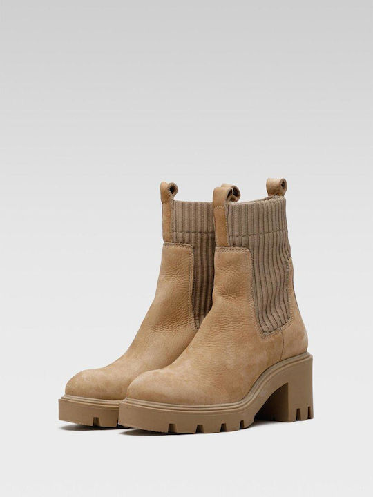Leder Damen Chelsea-Stiefel mit Mittelhohem Absatz Beige