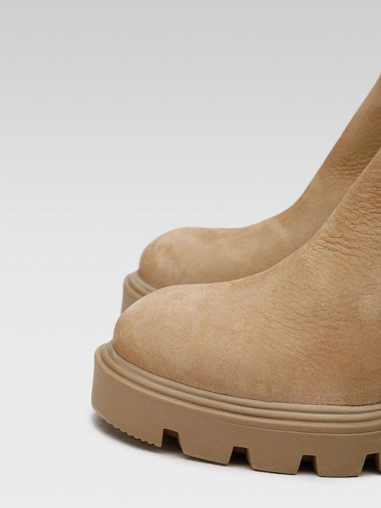 Leder Damen Chelsea-Stiefel mit Mittelhohem Absatz Beige