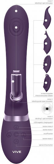 Vive Triple Action Δονητής Rabbit Rechargeable Silicone Pulse-wave & Vibrating G-spot Rabbit with Interchangeable Clitoral Stimulation Sleeves 22.3cm Purple