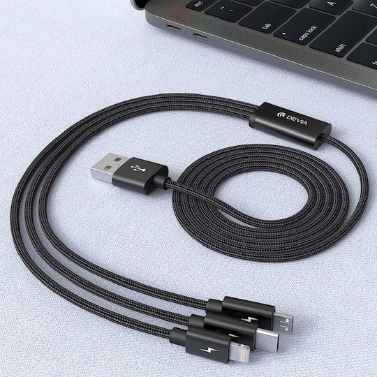 Devia Gracious Series 3 in 1 Regular USB to Lightning / Type-C / micro USB Cable 3A Μαύρο 1.2m 337086
