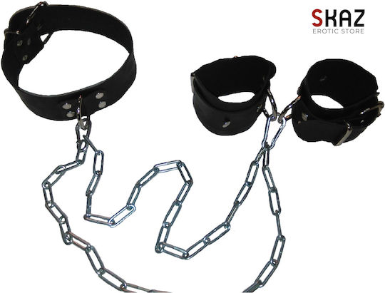 Neck & Limb Restraint Set Leather Set with Collar, Chain & Handcuffs