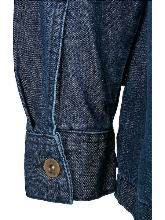 Long Sleeve Denim Overshirt in Wide Line Dark Blue Washed