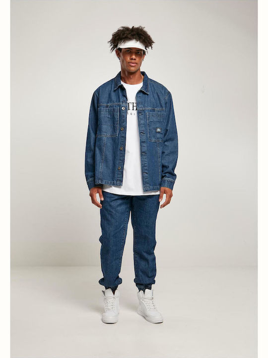 Long Sleeve Denim Overshirt in Wide Line Dark Blue Washed