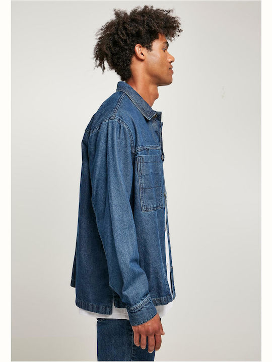 Long Sleeve Denim Overshirt in Wide Line Dark Blue Washed