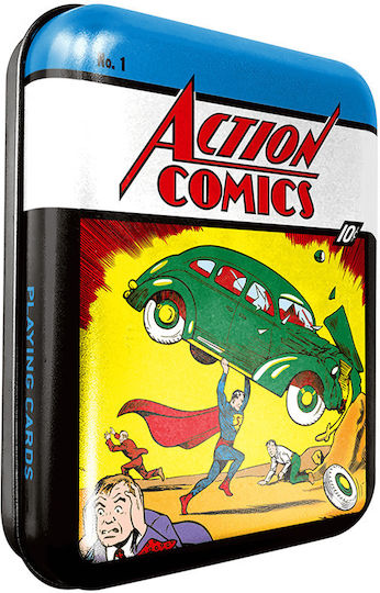 Cartamundi DC Comics Action #1 Συλλεκτική Τράπουλα Πλαστικοποιημένη Μπλε σε Μεταλλικό Κουτί