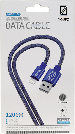 YOURZ Braided USB 2.0 Cable USB-C Male - USB-A Blue 1.2m