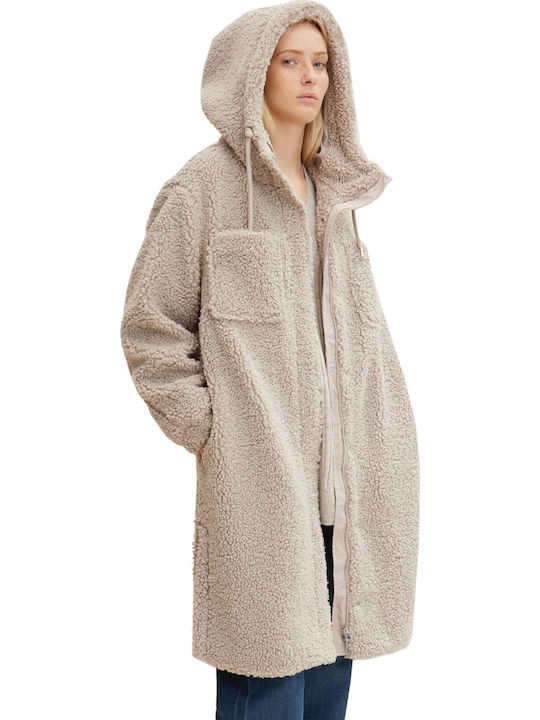 Sherpa Γυναικείο Γκρι Παλτό Teddy με κουκούλα