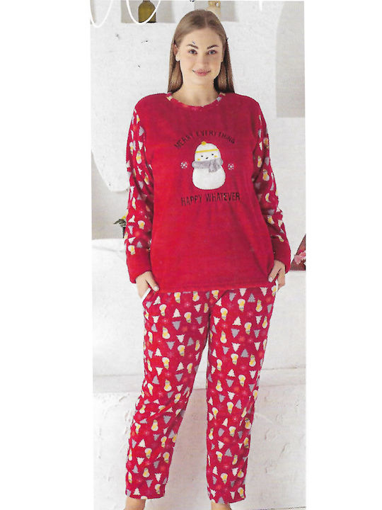 SNC Women's big size Christmas pajamas Fleece Snowman Red