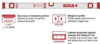 Sola I5 100 Spirit Level Aluminum 100cm with 3 Eyes