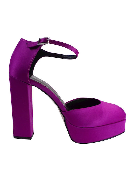 Satin Pumps mit Riemchen & Chunky Hoher Absatz Lila