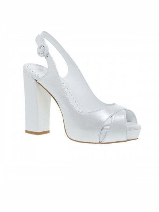 Mourtzi Leather Peep Toe White Heels with Strap