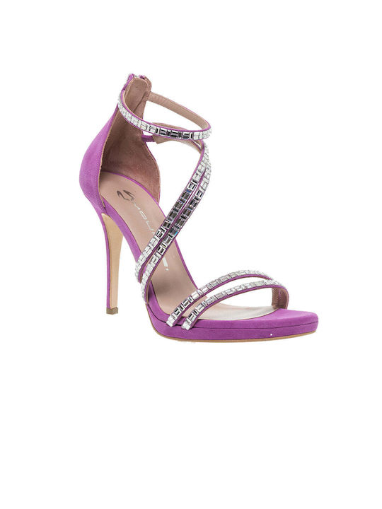 Mourtzi Suede Women's Sandals Purple with Thin High Heel