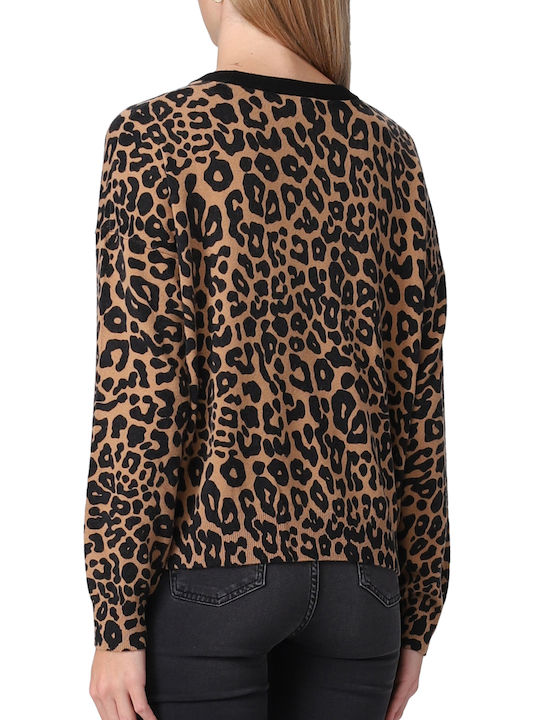 Liu Jo Maglia Chiusa Women's Long Sleeve Sweater Cotton Animal Print Brown