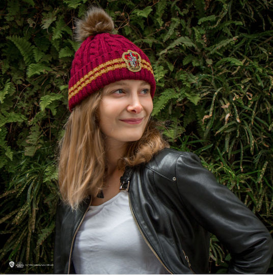 Harry Potter Gryffindor Pom Pom Beanie Frauen Beanie mit Strickmuster in Burgundisch Farbe