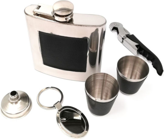 SP Souliotis Set Trinkflasche Rostfreier Stahl mit Schlüsselanhänger Schnapsgläser Feuerzeug & Trichter Silber 178ml