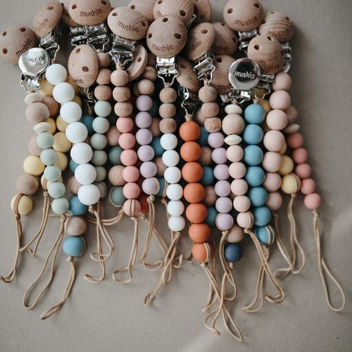 Mushie Pacifier Clip Eva with Wooden Orange Beads