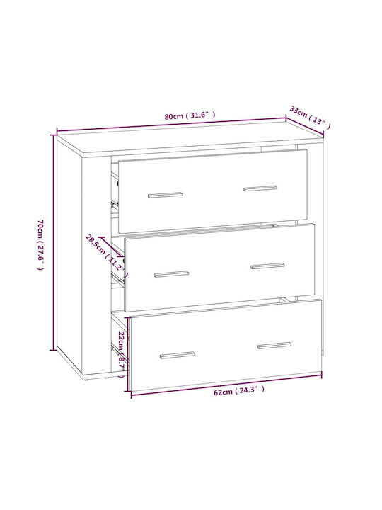Wooden Chest of Drawers with 3 Drawers 80x33x70cm