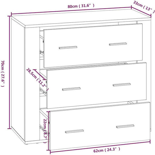 Wooden Chest of Drawers with 3 Drawers 80x33x70cm