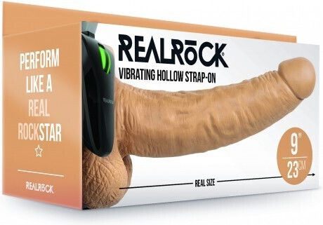 Shots Real Rock Hollow With Balls Gurtzeug mit Dildo 27cm und Vibration in Braun Farbe