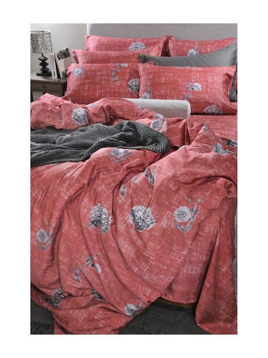 Down Town Home 792 Super Double Cotton Satin Duvet Cover Set with Pillowcases 250x260 Hyndragea Red