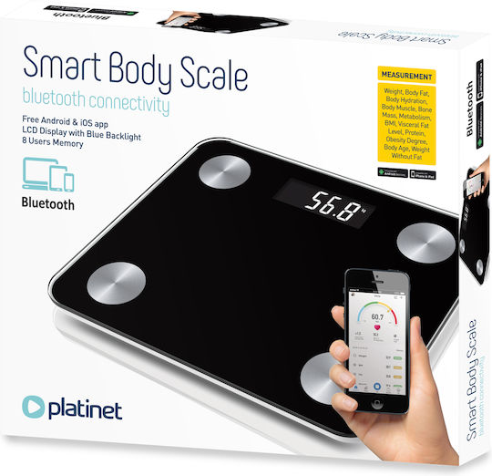 Platinet Smart Body Scale Smart Badezimmerwaage mit Körperfettmessung & Bluetooth in Schwarz Farbe