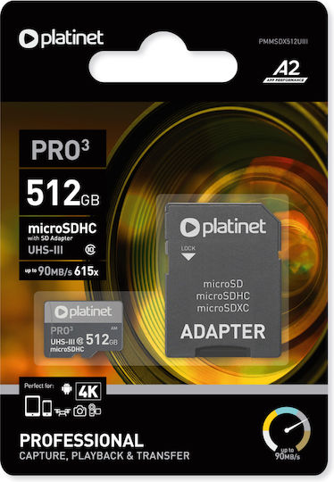 Platinet microSDXC 512GB Class 10 U3 A2 with Adapter