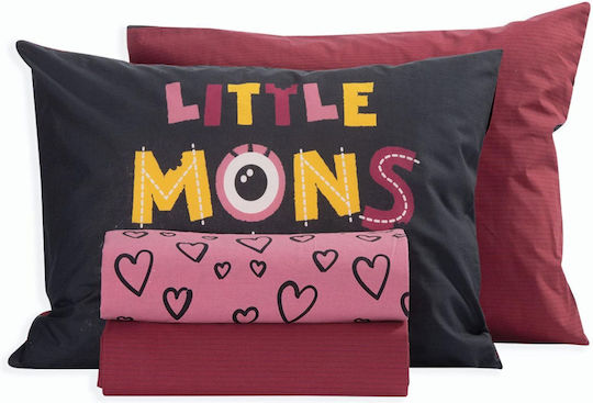Nef-Nef Homeware Little Monsters Hearts Σετ Παιδική Παπλωματοθήκη Μονή με Μαξιλαροθήκη Βαμβακερή Coral 160x240εκ.