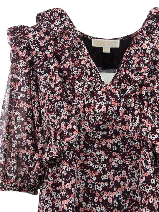Women's Blouse with 3/4 Sleeve & V Neckline Floral Burgundy
