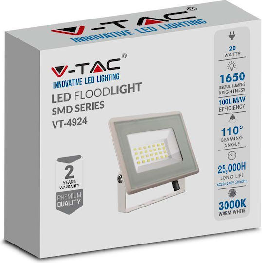 V-TAC F-Class Waterproof LED Floodlight 20W Natural White 4000K IP65