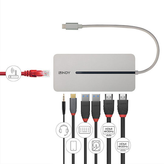 Lindy USB-C Docking Station with HDMI 4K PD Ethernet and Support for 2 Monitors Gray (43360)
