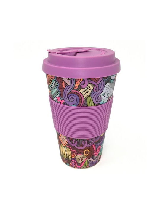 Bamboo cup with lid 400ml Eco Bamboo Fibre Cup -Bam Cup Set B- Space Cow