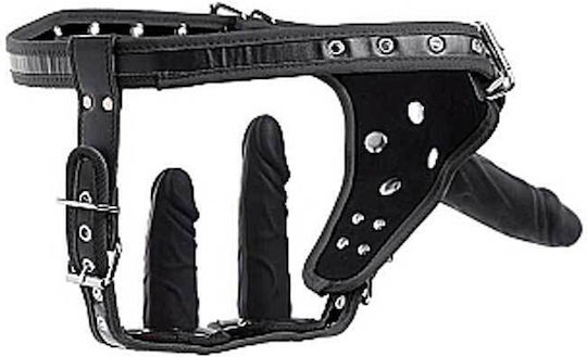 Master Series Gurtzeug mit Dreifach Dildo in Schwarz Farbe