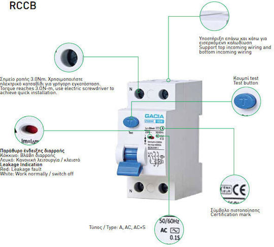 Gacia Phase 2-Pole Earth Leakage Relay 63A 230V 2Χ63Α 6KA 30mA Type A 500-37503