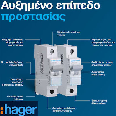 Hager 2-Poles Automatic Circuit Breaker 6A 6kA Καμπύλη C MLN506A