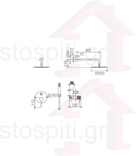 Imex Line Σετ Μίκτης, Τηλέφωνο & Κεφαλή Ντουζ Εντοιχισμού Ντουζιέρας 2 Εξόδων Black Gun Metal