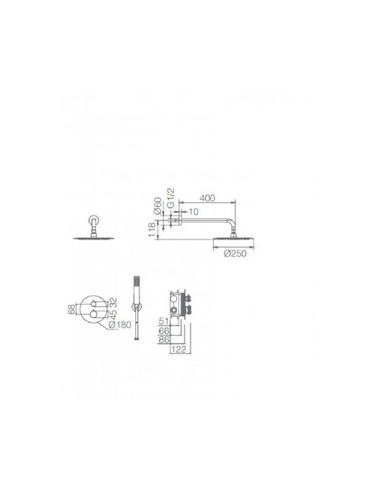 Imex Line Built-in Mixer, Hand Shower & Shower Head Set for Shower 2 Exits Black