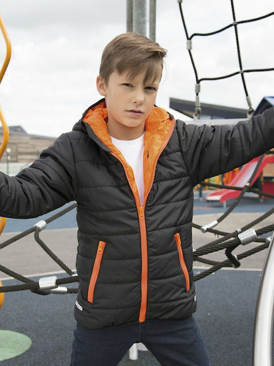Kinder Gestepptes Kurzes Kinderjacke mit Futter & Kapuze Schwarz Orange