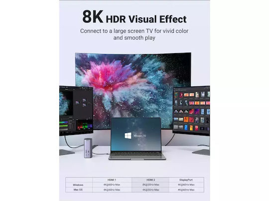 Ugreen USB-C Docking Station με HDMI/DisplayPort 4K PD Ethernet και συνδεση 3 Οθονών Ασημί (90325)