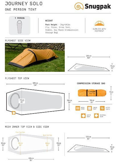 Snugpak Journey Solo Winter Camping Tent Tunnel Khaki for 1 Person Waterproof 4000mm 265x115x75cm