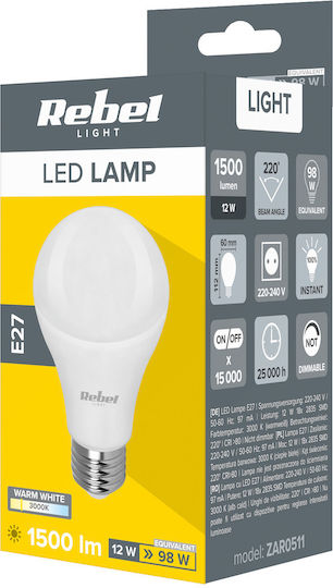 Rebel Λάμπα LED 12W για Ντουί E27 και Σχήμα A60 Θερμό Λευκό 1500lm