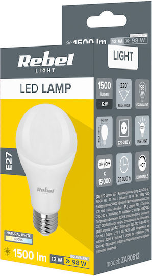 Rebel LED Bulb 12W for Socket E27 and Shape A60 Natural White 1500lm