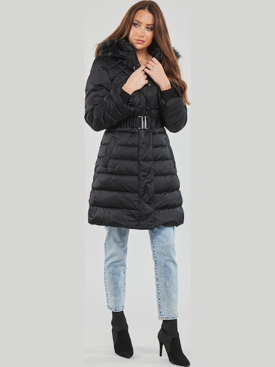 Women's Long Puffer Jacket for Winter with Hood Black