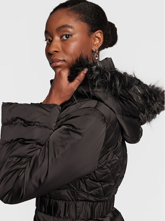 Women's Long Puffer Jacket for Winter with Hood Black