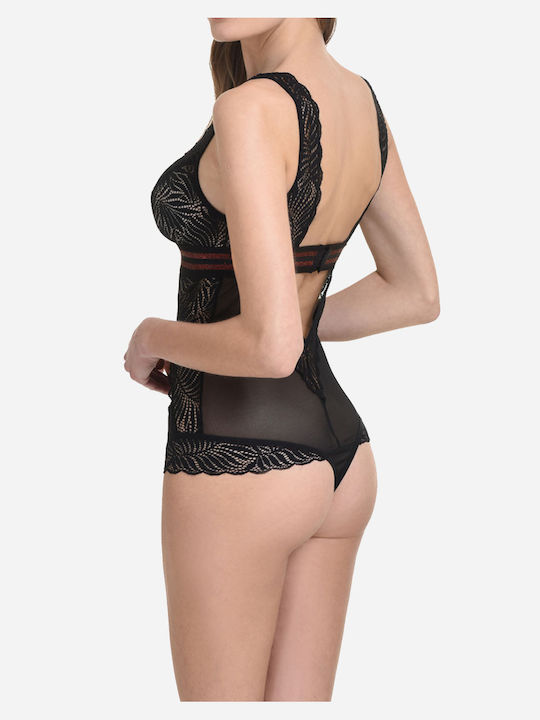 Miss Rosy Lingerie Sleeveless String Bodysuit with Mesh, Lace & Open Back Black