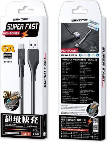 WK WDC-152 USB 2.0 Cable USB Type-C Male to USB-A 30W Black 3m