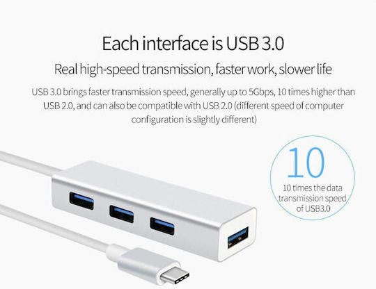 Logic Crystal Logic G-34U Hub 4 Θυρών USB 3.0 με σύνδεση USB-C Ασημί